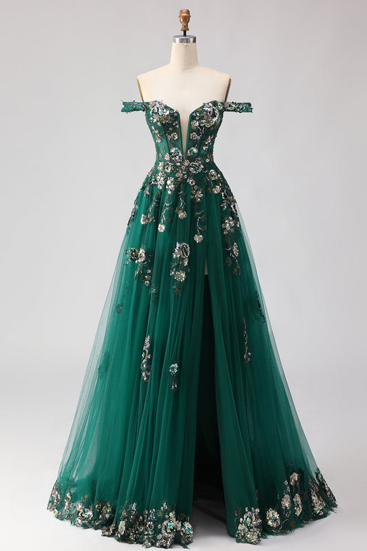 Sparkly Floral Dark Green A Line Tulle Long Prom Dress with Appliques