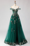 Sparkly Floral Dark Green A Line Tulle Long Prom Dress with Appliques