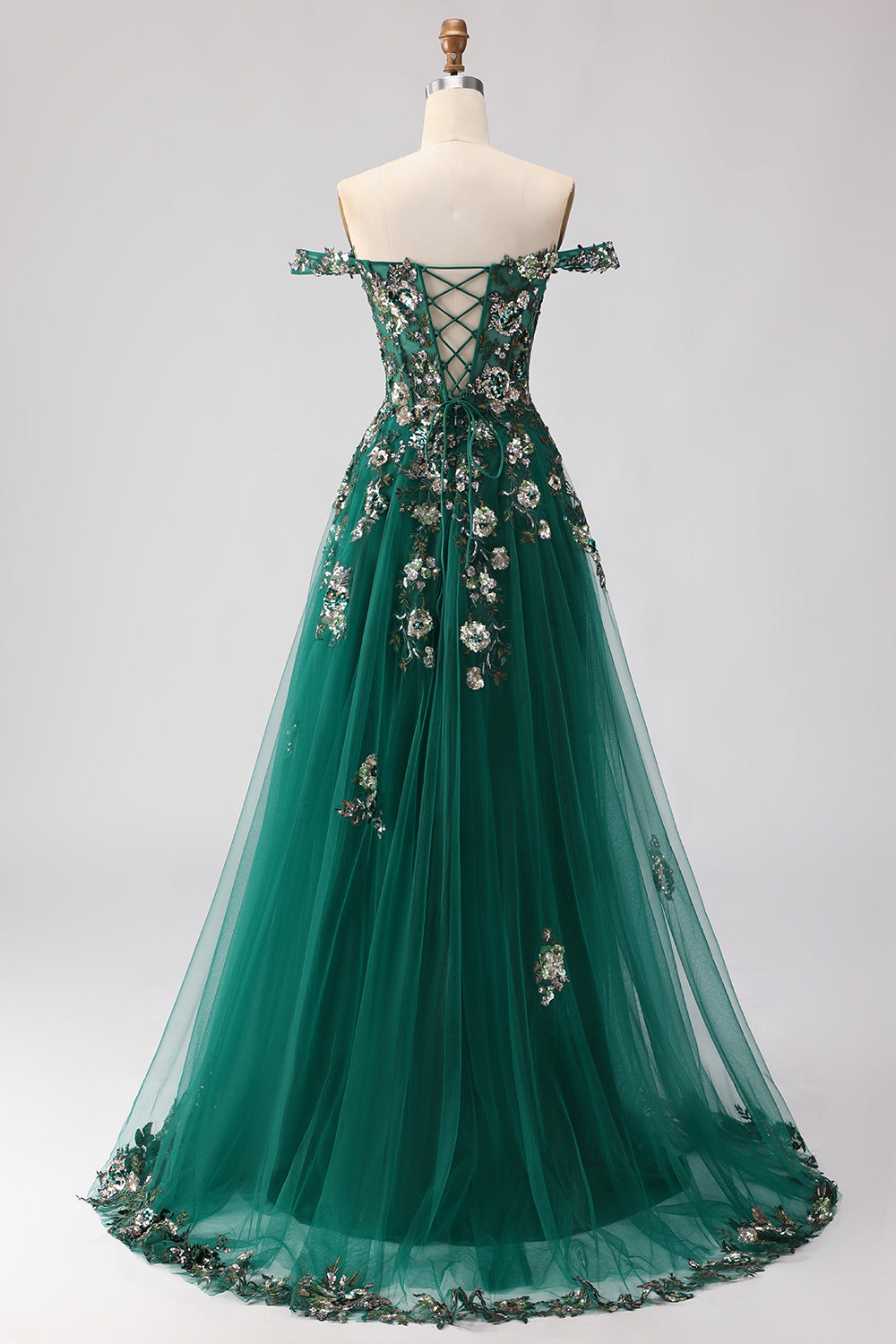 Sparkly Floral Dark Green A Line Tulle Long Prom Dress with Appliques