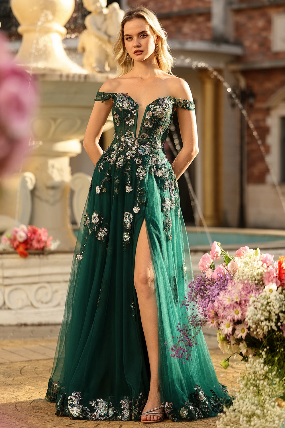 Sparkly Floral Dark Green A Line Off the Shoulder Long Prom Dress with Sequin