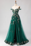 Sparkly Floral Dark Green A Line Tulle Long Prom Dress with Appliques