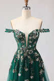 Sparkly Floral Dark Green A Line Tulle Long Prom Dress with Appliques