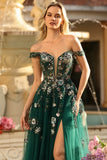 Sparkly Floral Dark Green A Line Off the Shoulder Long Prom Dress with Sequin