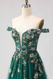 Sparkly Floral Dark Green A Line Tulle Long Prom Dress with Appliques