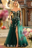 Sparkly Floral Dark Green A Line Off the Shoulder Long Prom Dress with Sequin