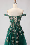 Sparkly Floral Dark Green A Line Tulle Long Prom Dress with Appliques