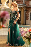 Sparkly Floral Dark Green A Line Off the Shoulder Long Prom Dress with Sequin