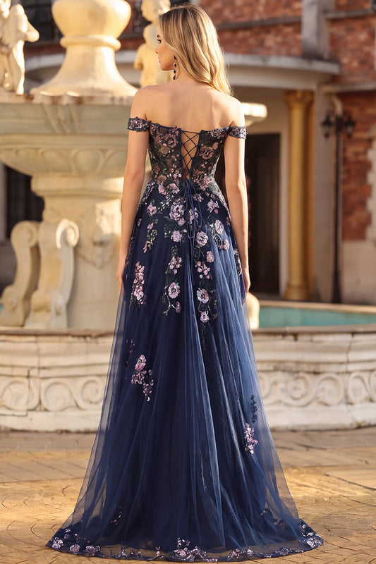 Sparkly Floral Navy A Line Tulle Long Prom Dress with Appliques