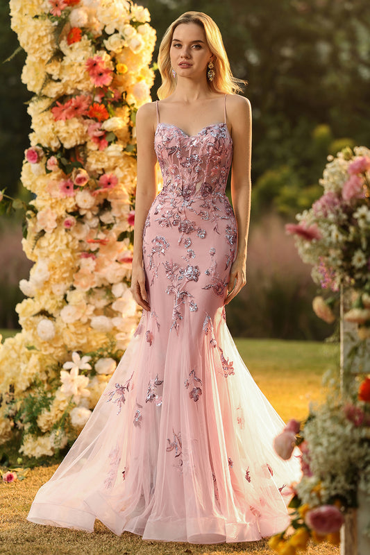 Sparkly Floral Blush Mermaid Long Corset Prom Dress