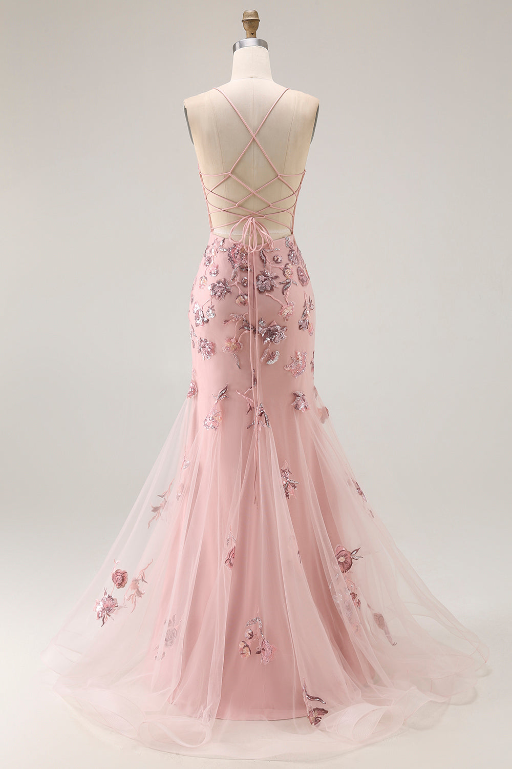 Sparkly Blush Floral Mermaid Corset Long Prom Dress