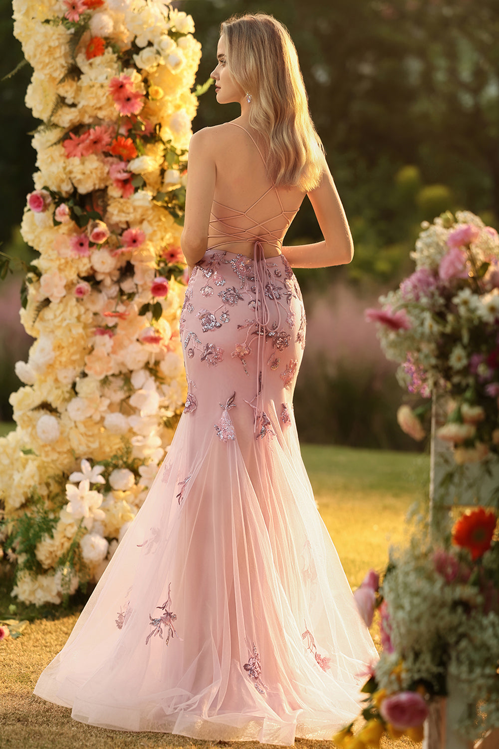 Zapakasa Women Sparkly Blush Mermaid Appliqued Long Corset Prom Dress