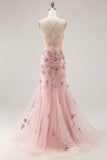 Sparkly Blush Floral Mermaid Corset Long Prom Dress