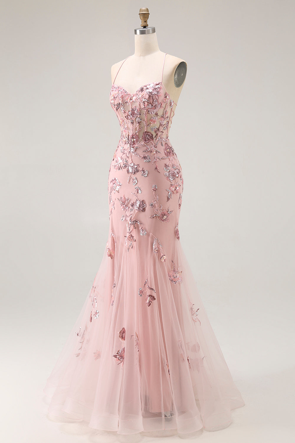Sparkly Blush Floral Mermaid Corset Long Prom Dress