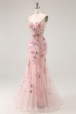 Sparkly Blush Floral Mermaid Corset Long Prom Dress