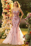 Sparkly Floral Blush Mermaid Long Corset Prom Dress