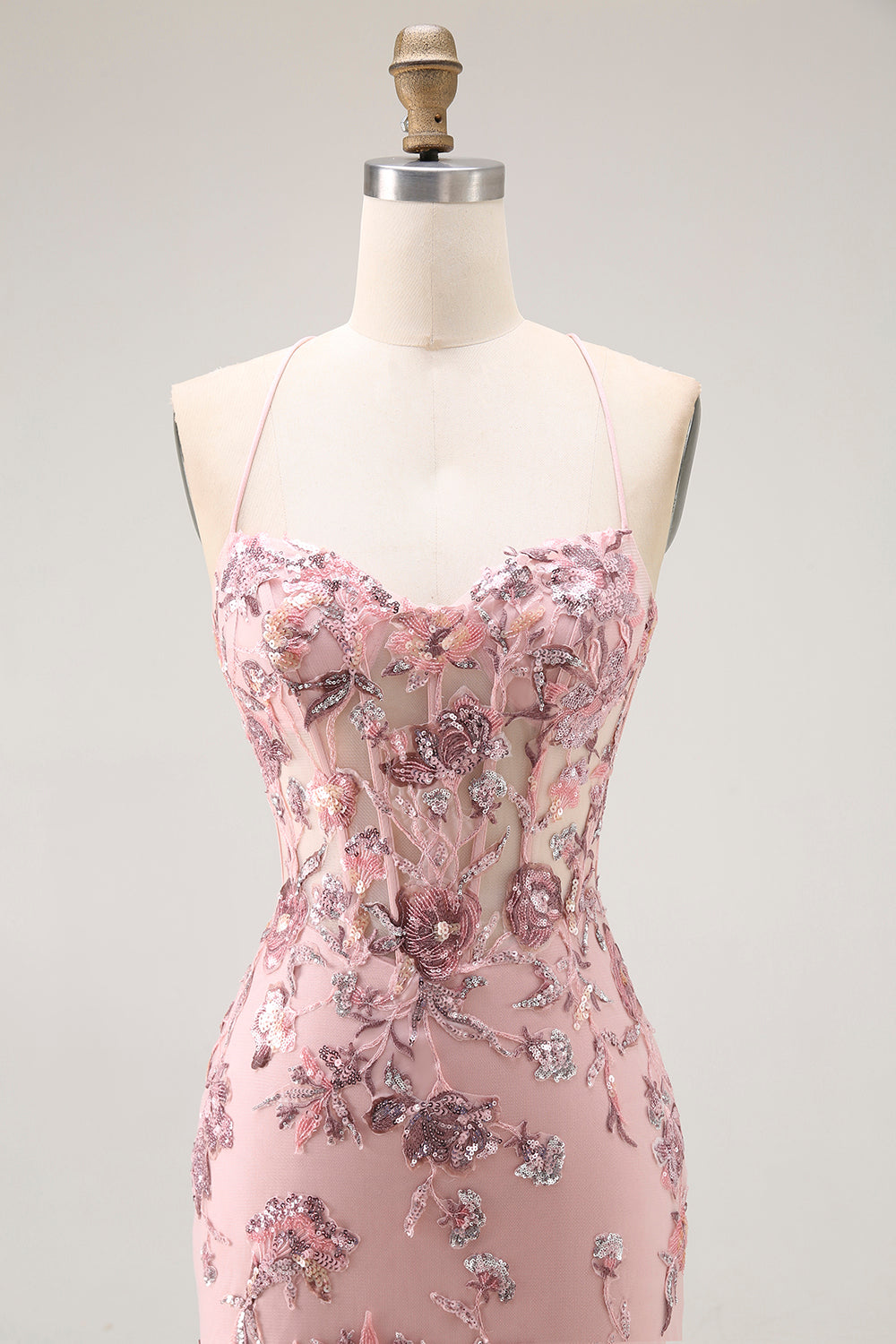 Sparkly Blush Floral Mermaid Corset Long Prom Dress
