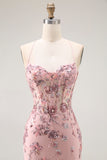 Sparkly Blush Floral Mermaid Corset Long Prom Dress