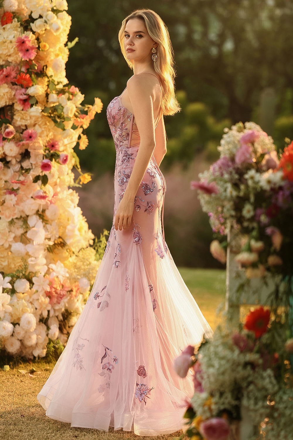 Sparkly Floral Blush Mermaid Long Corset Prom Dress