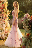 Sparkly Floral Blush Mermaid Long Corset Prom Dress