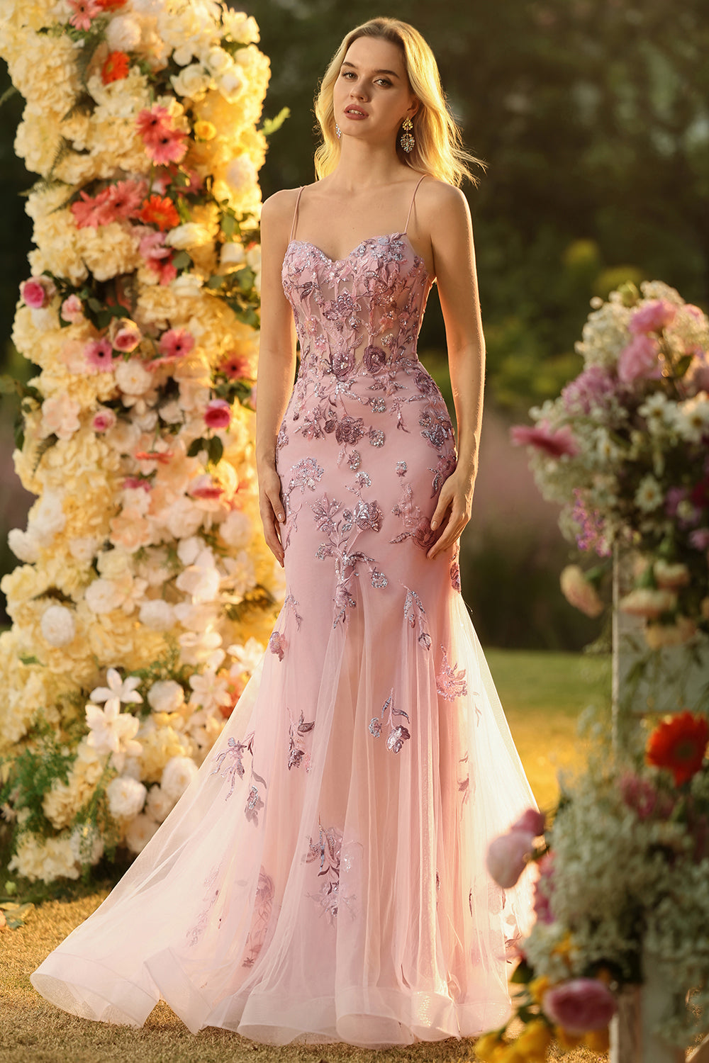 Sparkly Floral Blush Mermaid Long Corset Prom Dress
