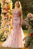 Sparkly Floral Blush Mermaid Long Corset Prom Dress