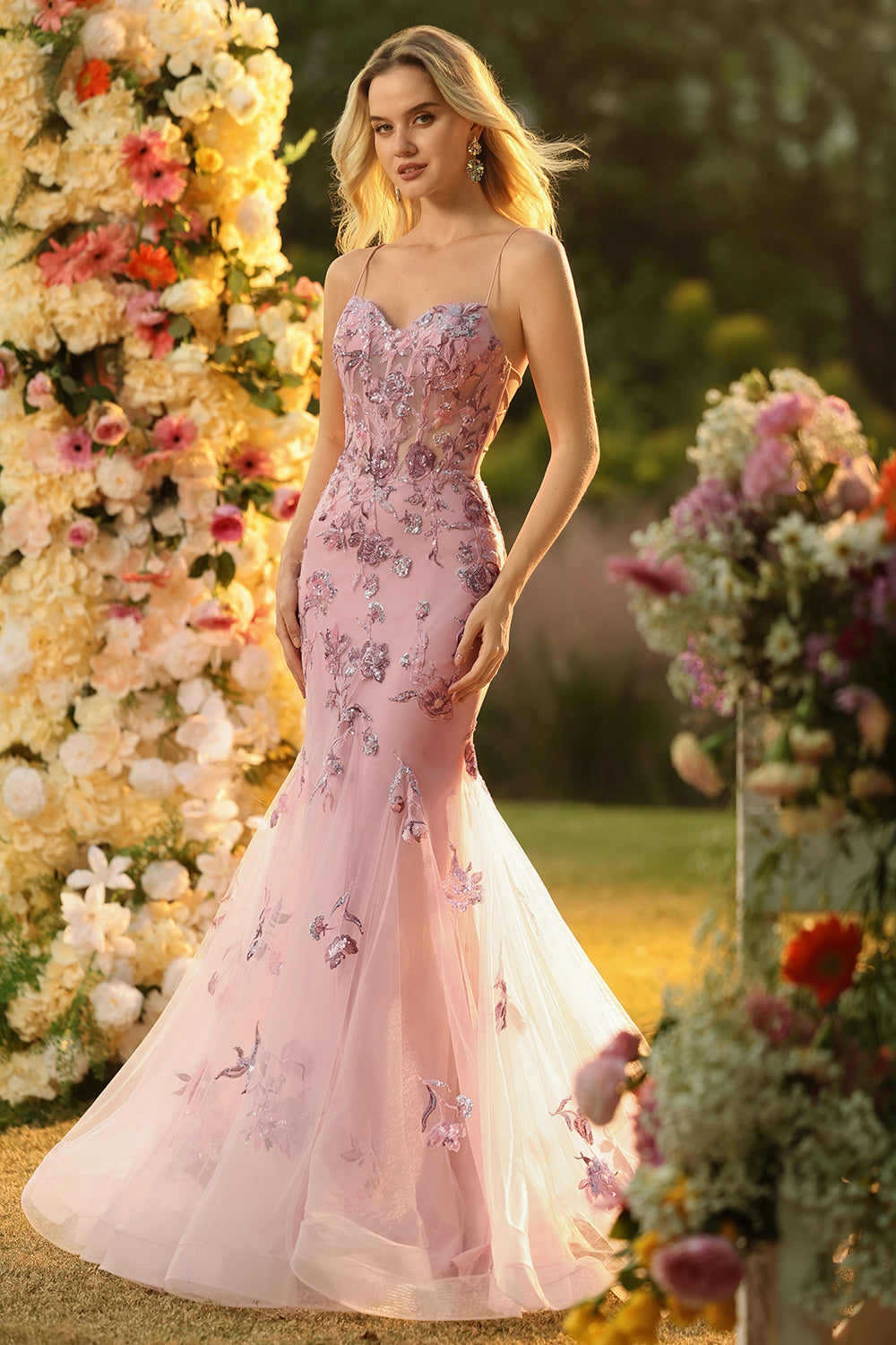 Zapakasa Women Sparkly Blush Mermaid Appliqued Long Corset Prom Dress
