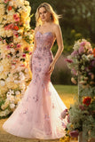 Sparkly Floral Blush Mermaid Long Corset Prom Dress
