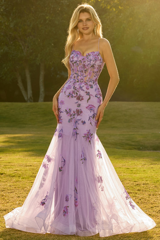 Sparkly Floral Purple Mermaid Tulle Long Corset Prom Dress