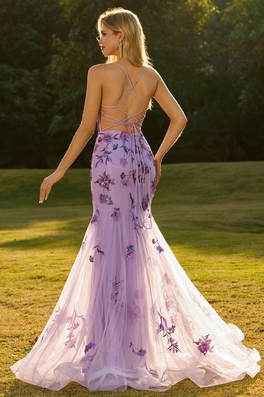 Sparkly Floral Purple Mermaid Tulle Long Corset Prom Dress