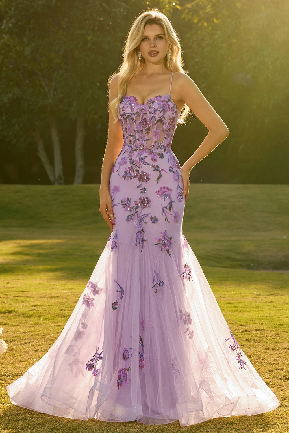 Sparkly Floral Purple Mermaid Tulle Long Corset Prom Dress