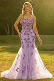 Sparkly Floral Purple Mermaid Tulle Long Corset Prom Dress