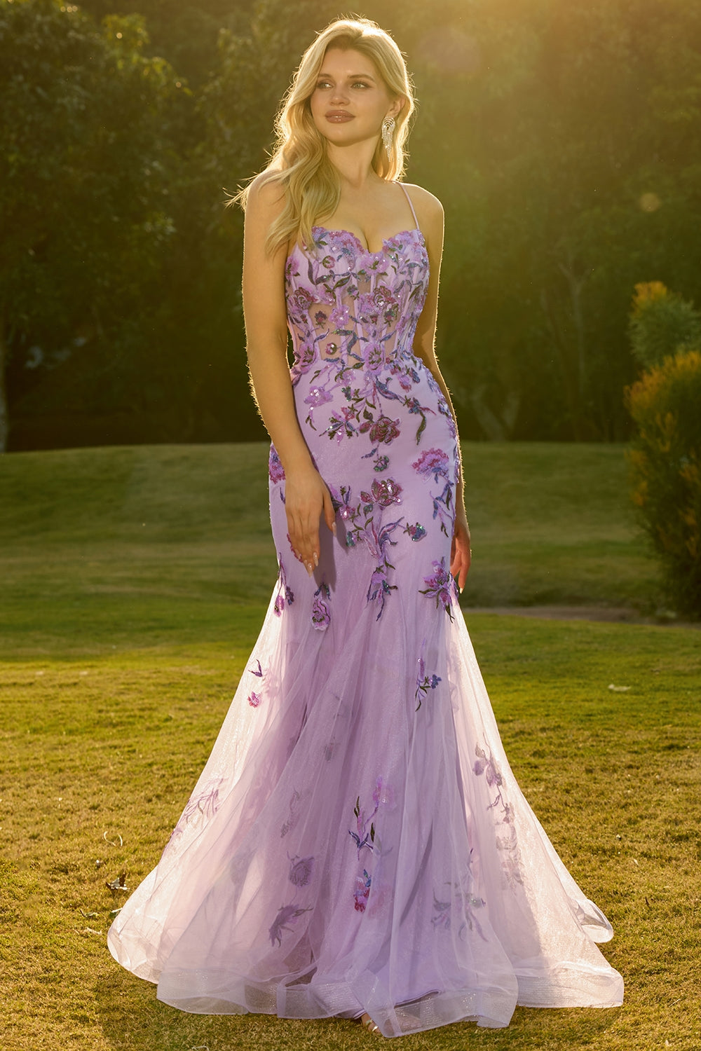 Sparkly Floral Purple Mermaid Tulle Long Corset Prom Dress