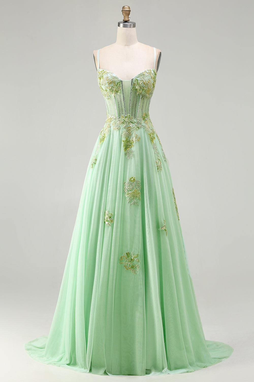 Sparkly Floral Green A-Line Long Corset Prom Dress with Beading