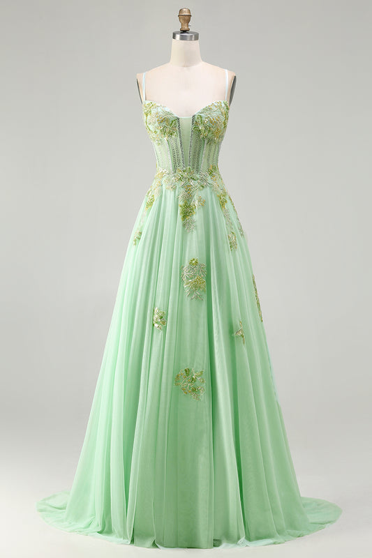 Sparkly Floral Green A-Line Long Corset Prom Dress with Beading