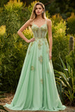 Sparkly Floral Green A-Line Long Corset Prom Dress with Beading