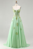Sparkly Floral Green A-Line Long Corset Prom Dress with Beading