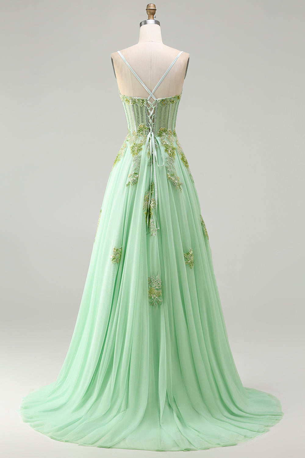 Zapaka Women Sparkly Green Long Beaded Formal Dress A Line Sequin Appliqued Spaghetti Straps Corset Prom Dress, Green / AU16