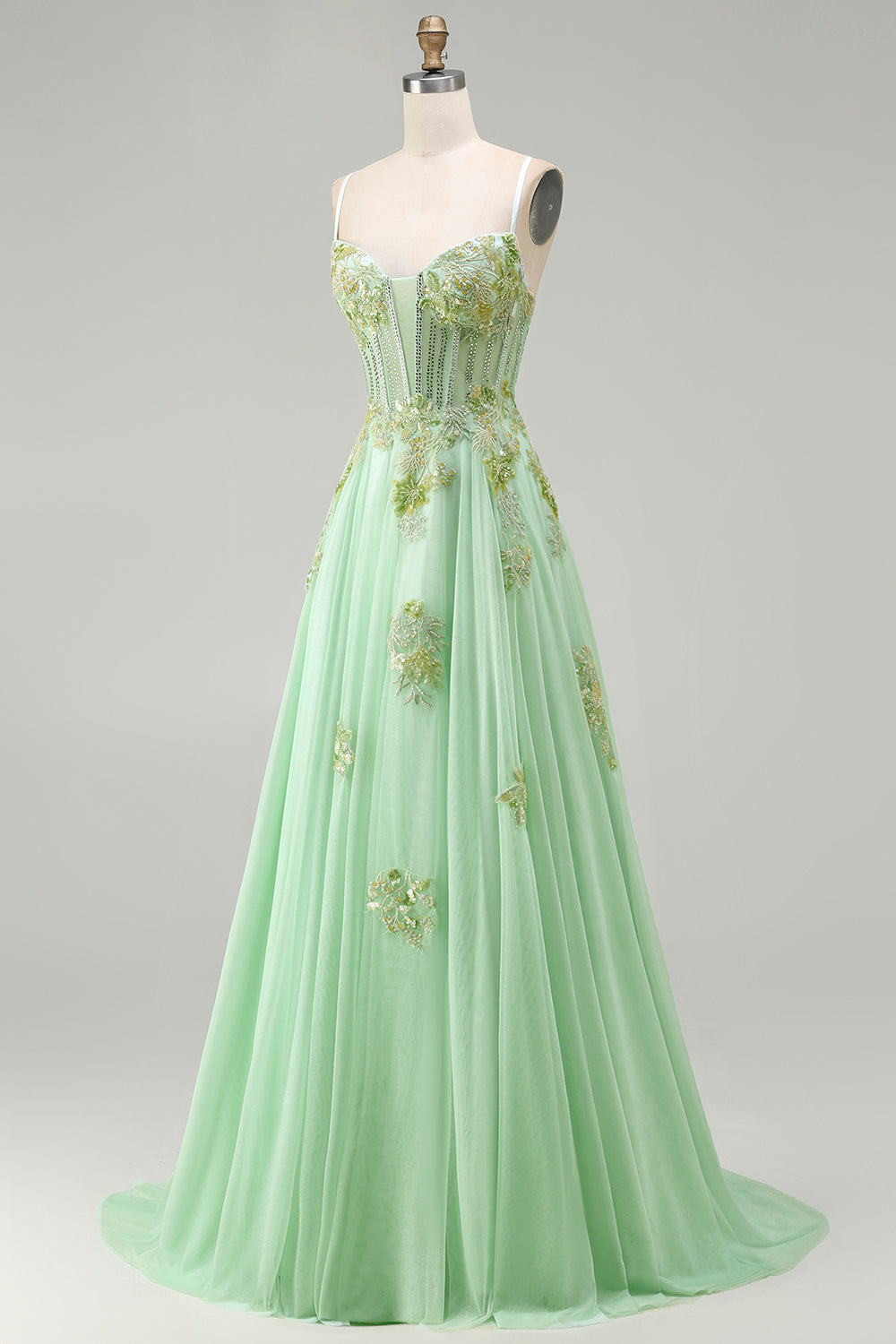 Sparkly Floral Green A-Line Long Corset Prom Dress with Beading