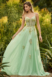 Sparkly Floral Green Tulle A-Line Beaded Long Corset Prom Dress