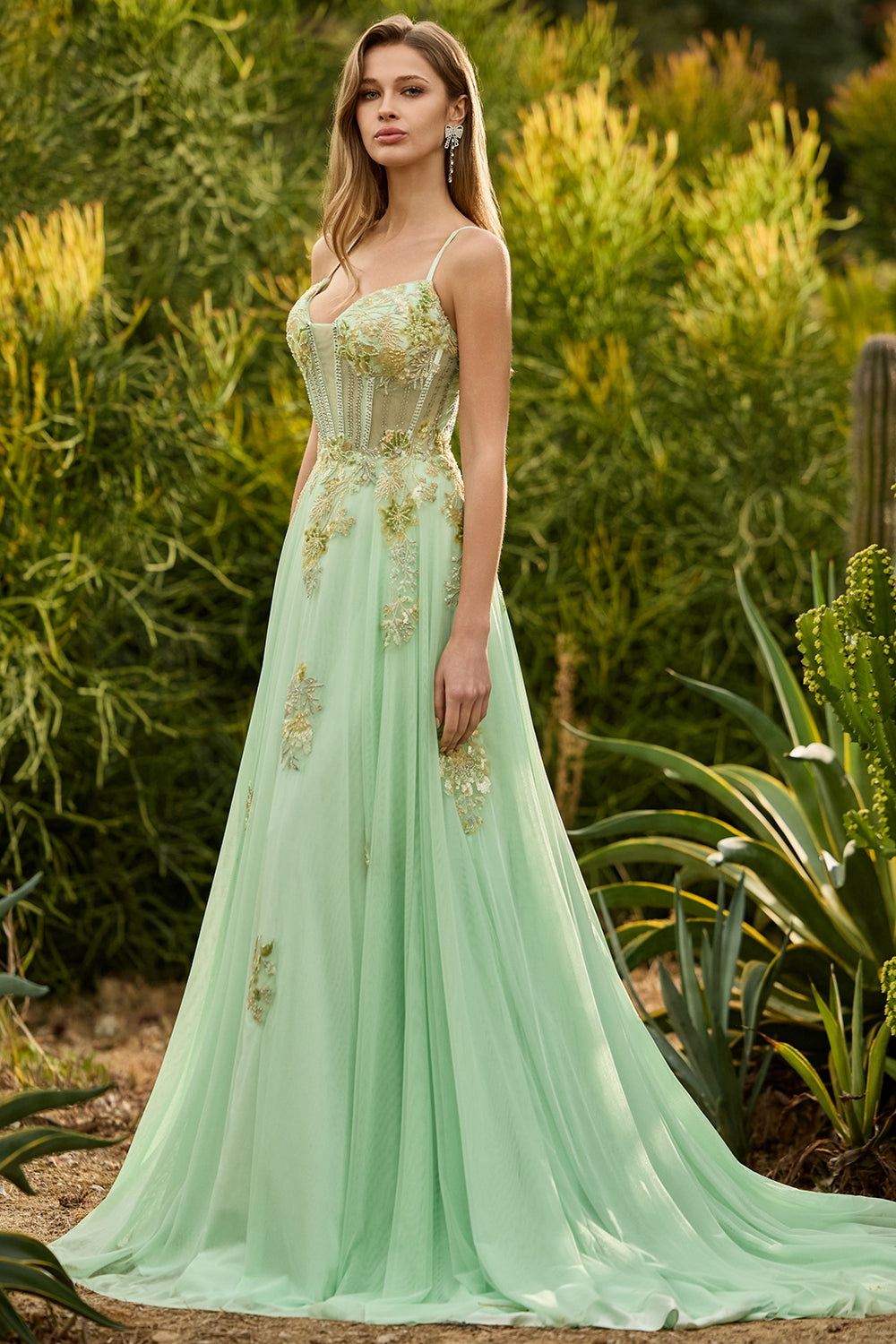 Sparkly Floral Green Tulle A-Line Beaded Long Corset Prom Dress
