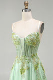 Sparkly Floral Green A-Line Long Corset Prom Dress with Beading