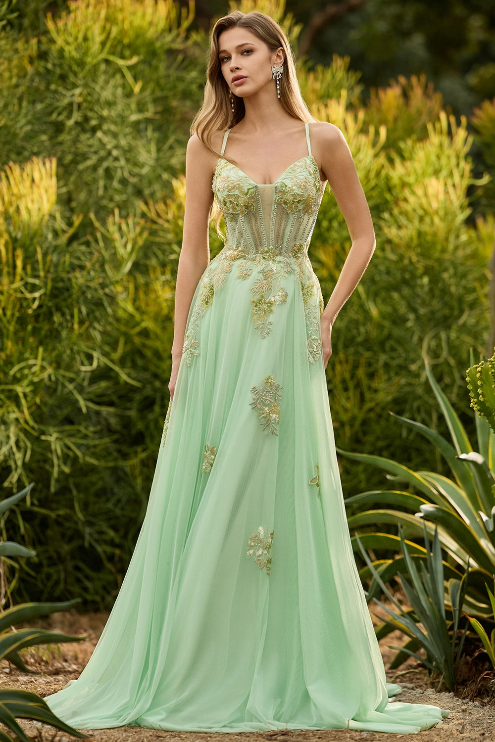 Zapaka Women Green Beaded Long Prom Dress A Line Corset Sapghetti Straps Embroidered Sequin Party Dress with Lace Up Back, Green / US20W