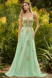 Sparkly Floral Green Tulle A-Line Beaded Long Corset Prom Dress
