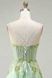Sparkly Floral Green A-Line Long Corset Prom Dress with Beading