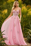 Sparkly Floral Pink A-Line Long Corset Prom Dress with Beading