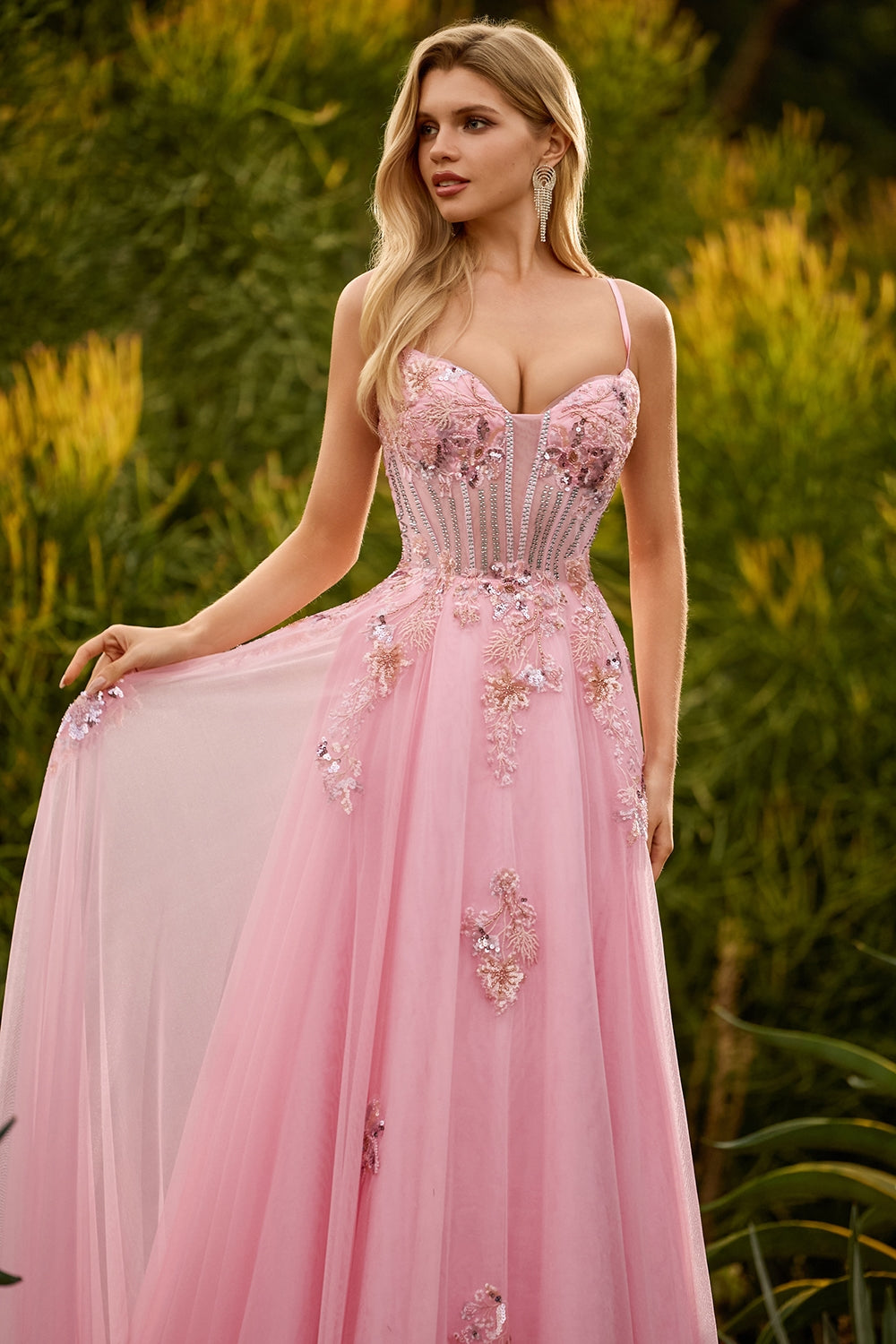 Sparkly Floral Green Tulle A-Line Beaded Long Corset Prom Dress