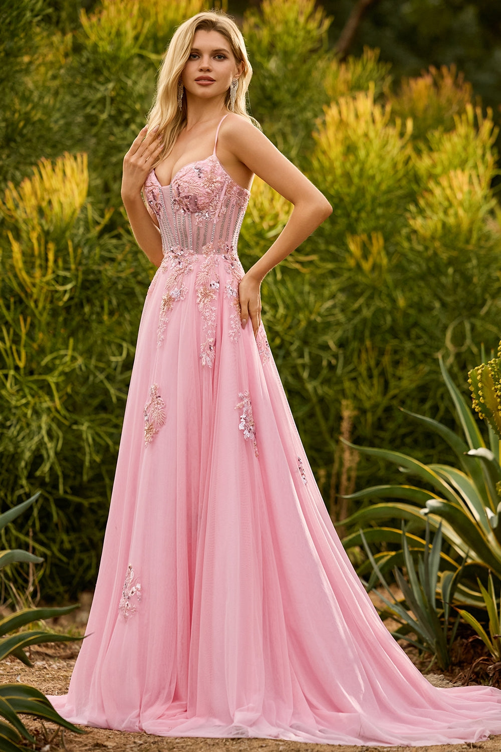 Sparkly Floral Green Tulle A-Line Beaded Long Corset Prom Dress