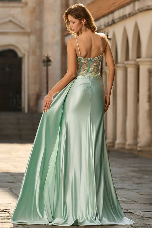 Sparkly Floral Green Satin Mermaid Appliqued Long Corset Prom Dress with Side Cape