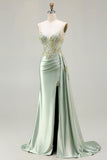 Sparkly Green Floral Mermaid Long Corset Prom Dress with Appliques