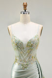 Sparkly Green Floral Mermaid Long Corset Prom Dress with Appliques